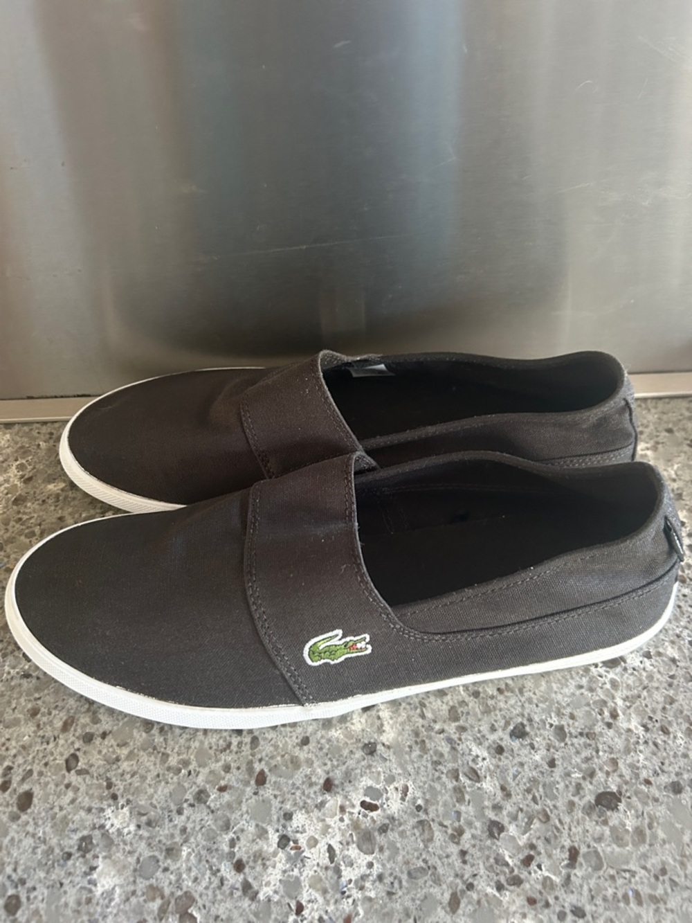 Lacoste Black Canvas Slip-On Loafers with Green Croc Logo